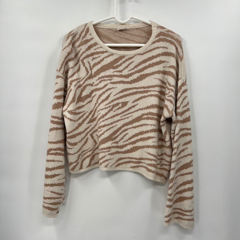 Storia Small Zebra Print Sweater Womens Tan Cream Cropped Knit ST2859